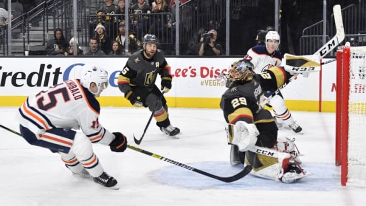 LAS VEGAS, NEVADA - NOVEMBER 23: Marc-Andre Fleury #29 of the Vegas Golden Knights saves a shot by Josh Archibald #15 of the Edmonton Oilers during the second period at T-Mobile Arena on November 23, 2019 in Las Vegas, Nevada. (Photo by Jeff Bottari/NHLI via Getty Images)