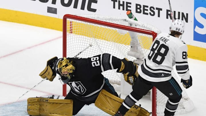 SAN JOSE, CA - JANUARY 26: Marc-Andre Fleury #29 of the Vegas Golden Knights makes a save against Patrick Kane #88 of the Chicago Blackhawks during the 2019 Honda NHL All-Star Game at SAP Center on January 26, 2019 in San Jose, California. (Photo by Thearon W. Henderson/Getty Images)