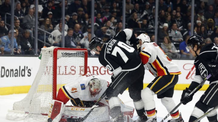 LOS ANGELES, CA - MARCH 26: Los Angeles Kings left wing Tanner Pearson (70) takes a shot on goal against Calgary Flames goalie Mike Smith (41) during the game on March 26, 2018 at the Staples Center in Los Angeles, CA. (Photo by Adam Davis/Icon Sportswire via Getty Images)