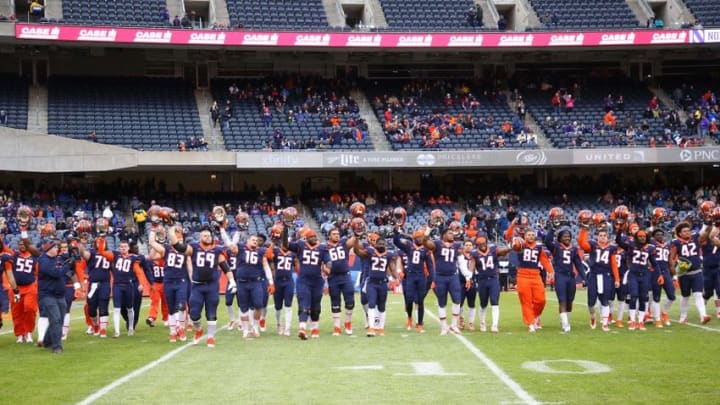 Nov 28, 2015; Chicago, IL, USA; The Illinois Fighting Illini seniors salute the crowd prior to a game against the Northwestern Wildcats at Soldier Field. Northwestern won 24-14. Mandatory Credit: Dennis Wierzbicki-USA TODAY Sports