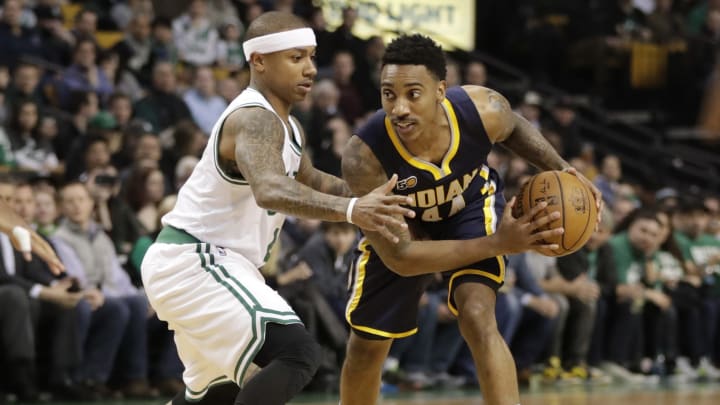 Mar 22, 2017; Boston, MA, USA; Indiana Pacers guard Jeff Teague (44) looks for an opening against Boston Celtics guard Isaiah Thomas (4) in the first quarter at TD Garden. Mandatory Credit: David Butler II-USA TODAY Sports