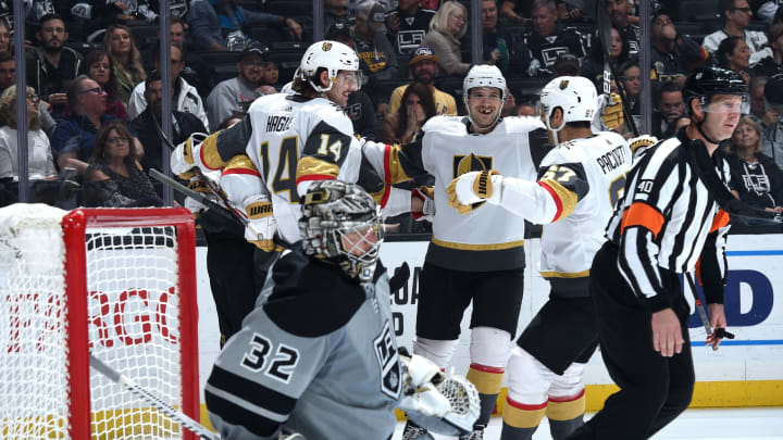 LOS ANGELES, CA – NOVEMBER 16: Vegas Golden Knights celebrate a goal during the second period against the Los Angeles Kings at STAPLES Center on November 16, 2019 in Los Angeles, California. (Photo by Juan Ocampo/NHLI via Getty Images)