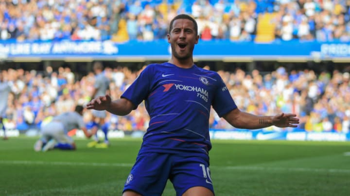 LONDON, ENGLAND - SEPTEMBER 15: Eden Hazard of Chelsea celebrates scoring the equalising goal during the Premier League match between Chelsea FC and Cardiff City at Stamford Bridge on September 15, 2018 in London, United Kingdom. (Photo by Marc Atkins/Getty Images)