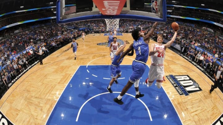ORLANDO, FL - FEBRUARY 22: Lauri Markkanen #24 of the Chicago Bulls shoots the ball against the Orlando Magic on February 22, 2019 at Amway Center in Orlando, Florida. NOTE TO USER: User expressly acknowledges and agrees that, by downloading and or using this photograph, User is consenting to the terms and conditions of the Getty Images License Agreement. Mandatory Copyright Notice: Copyright 2019 NBAE (Photo by Fernando Medina/NBAE via Getty Images)