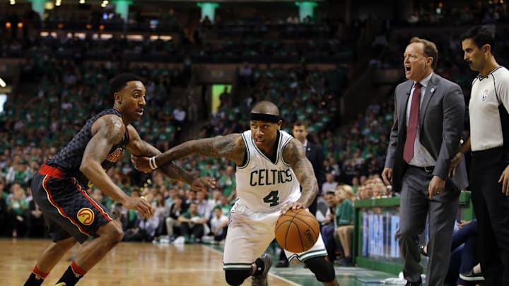 Apr 22, 2016; Boston, MA, USA; Boston Celtics guard Isaiah Thomas (4) drives the ball past Atlanta Hawks guard Jeff Teague (0) during the second quarter in game three of the first round of the NBA Playoffs at TD Garden. Mandatory Credit: David Butler II-USA TODAY Sports