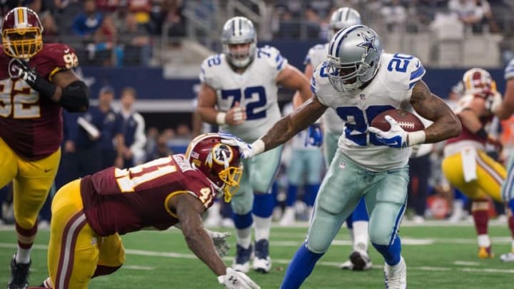 Jan 3, 2016; Arlington, TX, USA; Washington Redskins cornerback Will Blackmon (41) and Dallas Cowboys running back Darren McFadden (20) during the game at AT&T Stadium. The Redskins defeat the Cowboys 34-23. Mandatory Credit: Jerome Miron-USA TODAY Sports