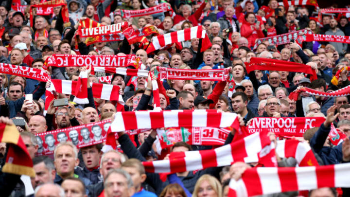 LIVERPOOL, ENGLAND - SEPTEMBER 22: Liverpool fans sign you will never walk alone prior to the Premier League match between Liverpool FC and Southampton FC at Anfield on September 22, 2018 in Liverpool, United Kingdom. (Photo by Alex Livesey/Getty Images)