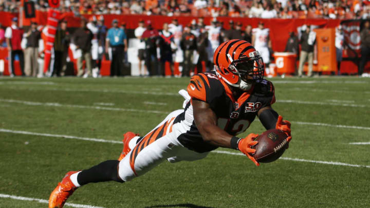 CLEVELAND, OH - OCTOBER 01: George Iloka #43 of the Cincinnati Bengals makes a diving catch in the second half against the Cleveland Browns at FirstEnergy Stadium on October 1, 2017 in Cleveland, Ohio. (Photo by Justin Aller /Getty Images)