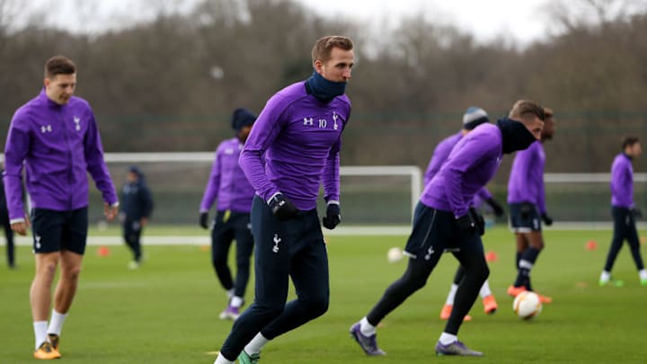 ENFIELD, ENGLAND - MARCH 16: Harry Kane of Tottenham Hotspur dribbles with the ball during a training session ahead of the UEFA Europa League Round of 16, second leg match between Tottenham Hotspur FC and Borussia Dortmund at White Hart Lane on March 16, 2016 in Enfield, England. (Photo by Alex Morton/Getty Images)