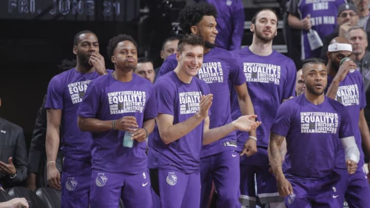 SACRAMENTO, CA - FEBRUARY 8: The Sacramento Kings bench reacts during the game against the Miami Heat on February 8, 2019 at Golden 1 Center in Sacramento, California. NOTE TO USER: User expressly acknowledges and agrees that, by downloading and or using this photograph, User is consenting to the terms and conditions of the Getty Images Agreement. Mandatory Copyright Notice: Copyright 2019 NBAE (Photo by Rocky Widner/NBAE via Getty Images)