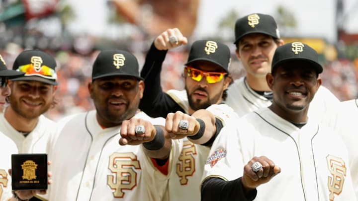 SAN FRANCISCO, CA – APRIL 07: Players of the San Francisco Giants show off their 2012 Championship rings before their game against the St. Louis Cardinals at AT