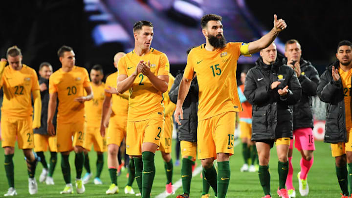 ADELAIDE, AUSTRALIA - JUNE 08: Milos Degenek and Mile Jedinak of Australia applaude the crowd after the 2018 FIFA World Cup Qualifier match between the Australian Socceroos and Saudi Arabia at the Adelaide Oval on June 8, 2017 in Adelaide, Australia. (Photo by Daniel Kalisz/Getty Images)