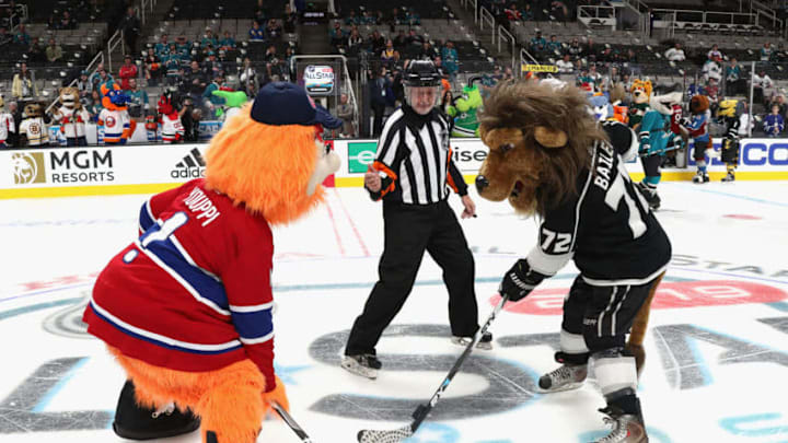 SAN JOSE, CA - JANUARY 26: Youppi of the Montreal Canadiens and Bailey of the Los Angeles Kings face-off during the 2019 NHL All-Star Mascot Showdown at the SAP Center on January 24, 2019 in San Jose, California. (Photo by Dave Sandford/NHLI via Getty Images)