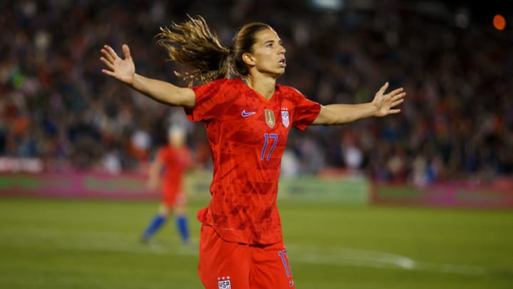 COMMERCE CITY, CO - APRIL 4: Tobin Heath #17 of the United States celebrates after scoring a goal against Australia during the second half of an international friendly at Dick's Sporting Goods Park on April 4, 2019 in Commerce City, Colorado. The United States defeated Australia 5-3. (Photo by Justin Edmonds/Getty Images)
