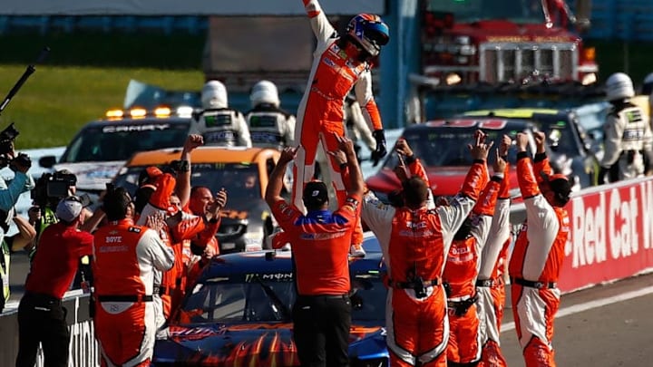 WATKINS GLEN, NY - AUGUST 05: Chase Elliott, driver of the #9 SunEnergy1 Chevrolet, celebrates after winning the Monster Energy NASCAR Cup Series GoBowling at The Glen at Watkins Glen International on August 5, 2018 in Watkins Glen, New York. (Photo by Jeff Zelevansky/Getty Images)