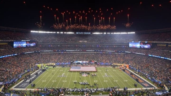 Feb 2, 2014; East Rutherford, NJ, USA; An over all view of the stadium during the national anthem before Super Bowl XLVIII at MetLife Stadium. Mandatory Credit: Kirby Lee-USA TODAY Sports