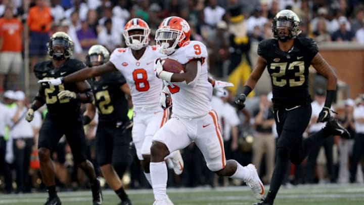 WINSTON SALEM, NC - OCTOBER 06: Travis Etienne #9 of the Clemson Tigers runs for a touchdown against the Wake Forest Demon Deacons during their game at BB&T Field on October 6, 2018 in Winston Salem, North Carolina. (Photo by Streeter Lecka/Getty Images)