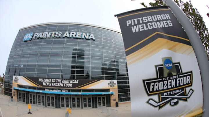 Apr 10, 2021; Pittsburgh, PA, USA; A general exterior view of PPG Paints Arena before the St. Cloud State Huskies and the U.Mass Minutemen play in the championship game of the 2021 Frozen Four NCAA hockey tournament. Mandatory Credit: Charles LeClaire-USA TODAY Sports