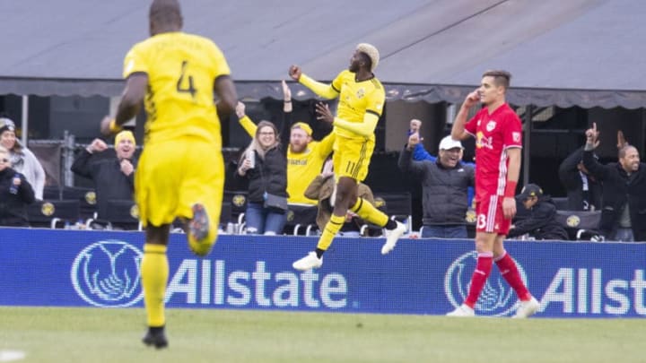 COLUMBUS, OH - NOVEMBER 04: Columbus Crew SC forward Gyasi Zardes (11) celebrates a goal during the game between Columbus Crew SC and the New York Red Bulls at MAPFRE Stadium in Columbus, Ohio on November 4, 2018. (Photo by Jason Mowry/Icon Sportswire via Getty Images)