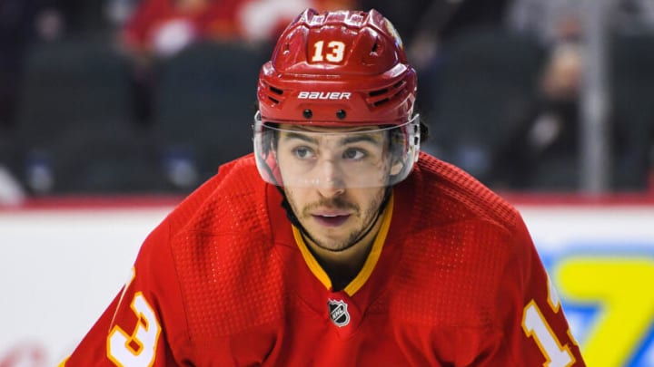 CALGARY, AB - JANUARY 29: Johnny Gaudreau #13 of the Calgary Flames in action against the Vancouver Canucks during an NHL game at Scotiabank Saddledome on January 29, 2022 in Calgary, Alberta, Canada. The Flames defeated the Canucks 1-0 in overtime. (Photo by Derek Leung/Getty Images)