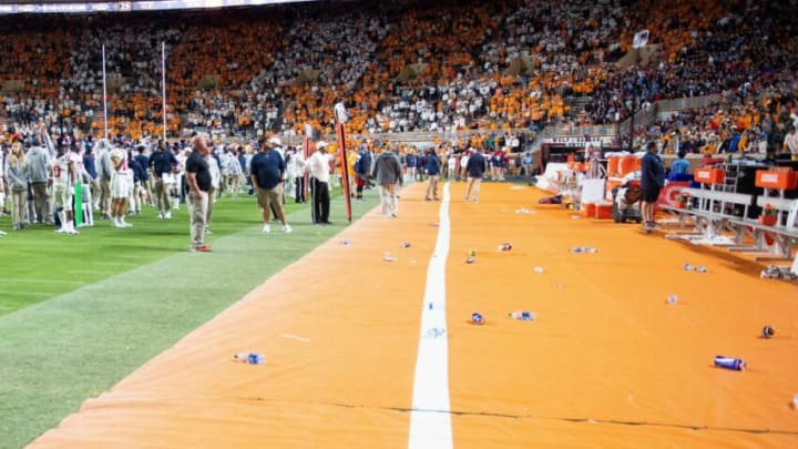 The Ole Miss bench is cleared while the game is paused because objects were being thrown onto the field during a football game between Tennessee and Ole Miss at Neyland Stadium in Knoxville, Tenn. on Saturday, Oct. 16, 2021.Kns Tennessee Ole Miss Football Bp