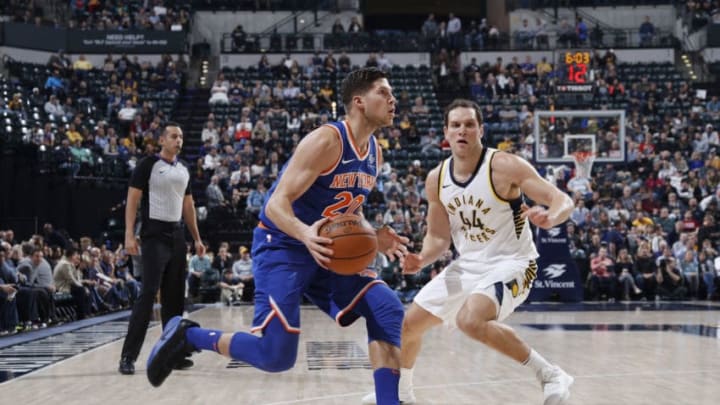 INDIANAPOLIS, IN - DECEMBER 04: Doug McDermott #20 of the New York Knicks drives against Bojan Bogdanovic #44 of the Indiana Pacers during a game at Bankers Life Fieldhouse on December 4, 2017 in Indianapolis, Indiana. The Pacers won 115-97. (Photo by Joe Robbins/Getty Images)