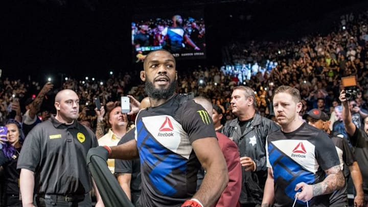 Apr 23, 2016; Las Vegas, NV, USA; Jon Jones (red gloves) before his fight against Ovince Saint Preux (blue gloves) during UFC 197 at MGM Grand Garden Arena. Mandatory Credit: Joshua Dahl-USA TODAY Sports