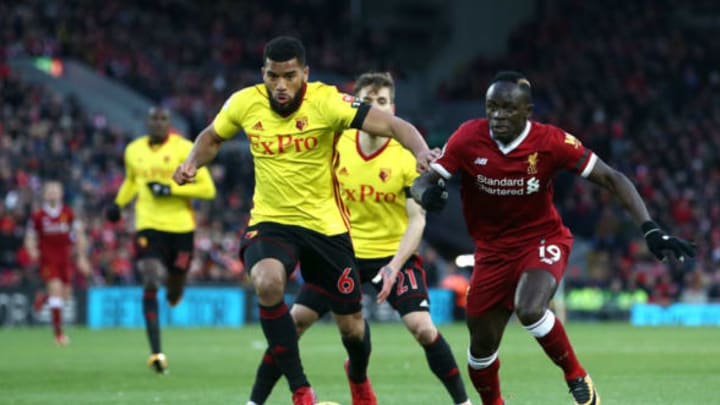 LIVERPOOL, ENGLAND – MARCH 17: Adrian Mariappa of Watford is challenged by Sadio Mane of Liverpool.  (Pic by Jan Kruger of Getty Images)