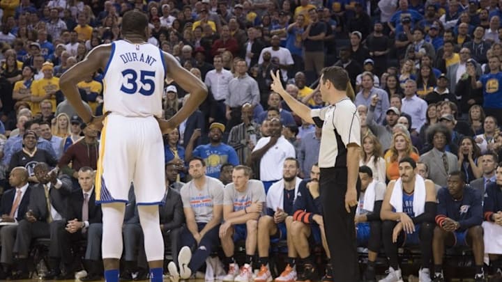 November 3, 2016; Oakland, CA, USA; Golden State Warriors forward Kevin Durant (35) talks to the Oklahoma City Thunder bench during the second quarter at Oracle Arena. Mandatory Credit: Kyle Terada-USA TODAY Sports