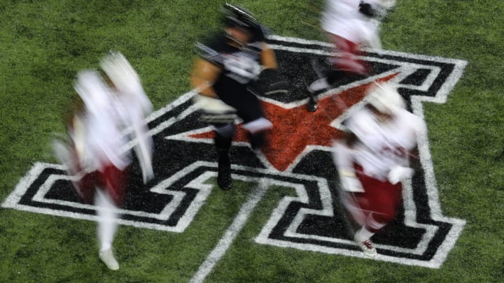 Nov 23, 2019; Cincinnati, OH, USA; A view of the American Athletic Conference logo on the field during the game between the Temple Owls and the Cincinnati Bearcats at Nippert Stadium. Mandatory Credit: Aaron Doster-USA TODAY Sports