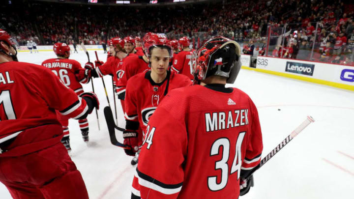 RALEIGH, NC - JANUARY 21: Petr Mrazek #34 of the Carolina Hurricanes gets a victory and is congratulated by teammate Sebastian Aho #20 against the Winnipeg Jets during an NHL game on January 21, 2020 at PNC Arena in Raleigh, North Carolina. (Photo by Gregg Forwerck/NHLI via Getty Images)