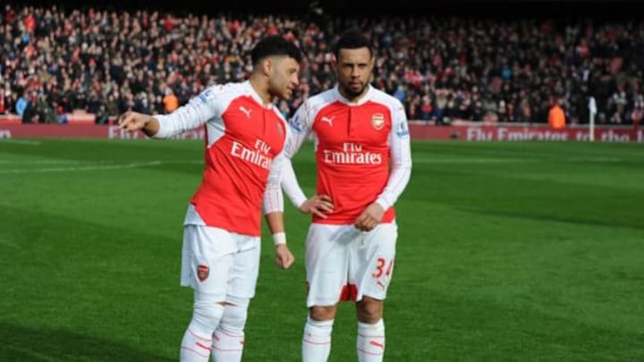 LONDON, ENGLAND - FEBRUARY 14: (L-R) Alex Oxlade-Chamberlian and Francis Coquelin of Arsenal before the Barclays Premier League match between Arsenal and Leicester City at Emirates Stadium on February 14, 2016 in London, England. (Photo by Stuart MacFarlane/Arsenal FC via Getty Images)