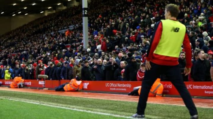 LIVERPOOL, ENGLAND - FEBRUARY 06: Liverpool supporters walk out from the stand to protest against the ticket price hike at the 77th minutes during the Barclays Premier League match between Liverpool and Sunderland at Anfield on February 6, 2016 in Liverpool, England. (Photo by Clive Brunskill/Getty Images)