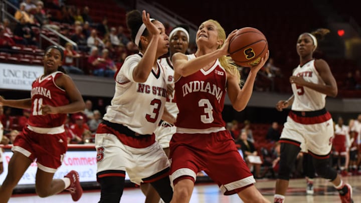 RALEIGH, NC – DECEMBER 01: Indiana Hoosiers guard Tyra Buss (3) looks to shoot with North Carolina State Wolfpack guard Miah Spencer (3) guarding during the first half of the ACC/Big10 Challenge game between the Indiana Hoosiers and the North Carolina State Wolfpack on December 1, 2016, at Reyolds Coliseum in Raleigh, NC. (Photo by William Howard/Icon Sportswire via Getty Images)