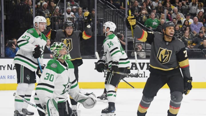 LAS VEGAS, NEVADA - DECEMBER 09: Ben Bishop #30 of the Dallas Stars and Ryan Reaves #75 of the Vegas Golden Knights react after a second-period goal by William Karlsson (not pictured) #71 of the Golden Knights during their game at T-Mobile Arena on December 9, 2018 in Las Vegas, Nevada. (Photo by Ethan Miller/Getty Images)