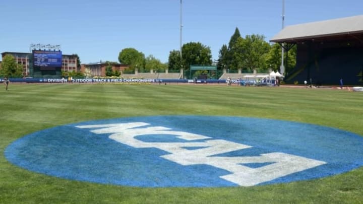 Jun 10, 2014; Eugene, OR, USA; General view of the NCAA logo at Hayward Field in advance of the 2014 NCAA Track & Field Championships. Mandatory Credit: Kirby Lee-USA TODAY Sport.