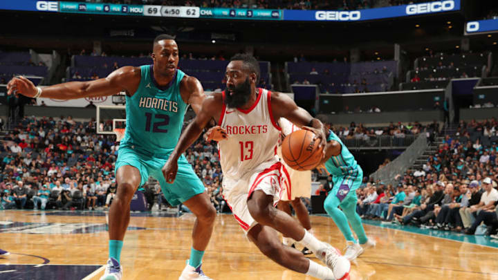 CHARLOTTE, NC - OCTOBER 27: James Harden #13 of the Houston Rockets handles the ball against the Charlotte Hornets on October 27, 2017 at Spectrum Center in Charlotte, North Carolina. (Photo by Kent Smith/NBAE via Getty Images)