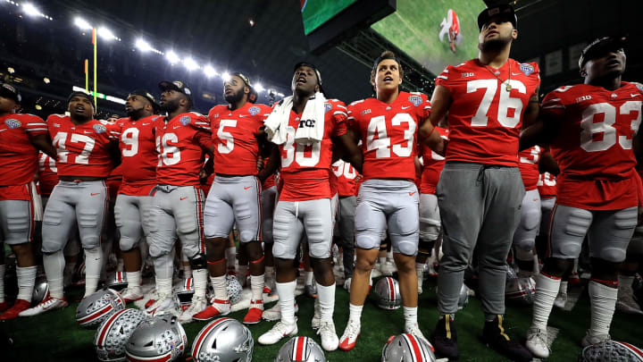 ARLINGTON, TX – DECEMBER 29: The Ohio State Buckeyes celebrate after winning the Goodyear Cotton Bowl against the USC Trojans at AT&T Stadium on December 29, 2017 in Arlington, Texas. (Photo by Ronald Martinez/Getty Images)