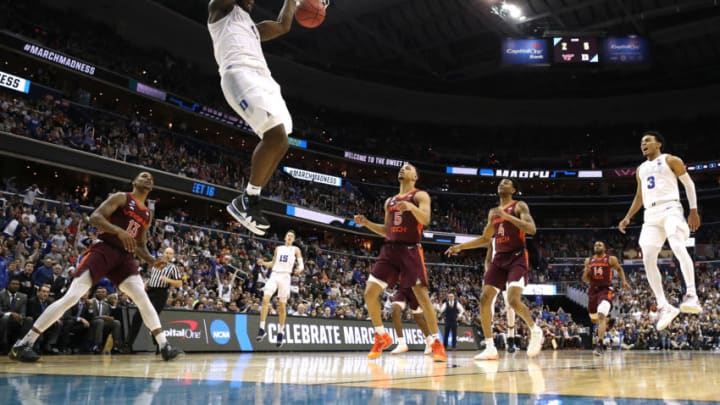 WASHINGTON, DC - MARCH 29: Zion Williamson #1 of the Duke Blue Devils dunks the ball against the Virginia Tech Hokies during the second half in the East Regional game of the 2019 NCAA Men's Basketball Tournament at Capital One Arena on March 29, 2019 in Washington, DC. (Photo by Patrick Smith/Getty Images)