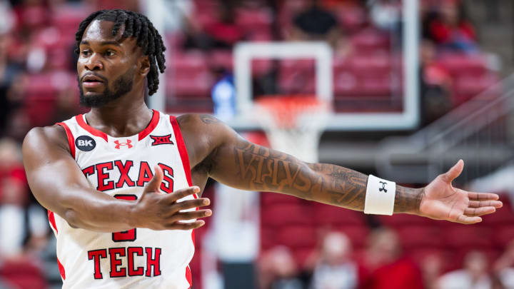 LUBBOCK, TEXAS – NOVEMBER 08: Joe Toussaint #6 of the Texas Tech Red Raiders gestures during the first half of the game against the Texas A&M-Commerce Lions at United Supermarkets Arena on November 08, 2023 in Lubbock, Texas. (Photo by John E. Moore III/Getty Images)