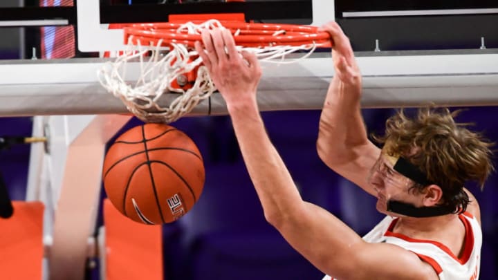 Feb 2, 2021; Clemson, SC, USA; Clemson junior forward Hunter Tyson (5) scores with the first of two dunks in the last minute of the game against North Carolina during the second half at Littlejohn Coliseum. Mandatory Credit: Ken Ruinard-USA TODAY Sports