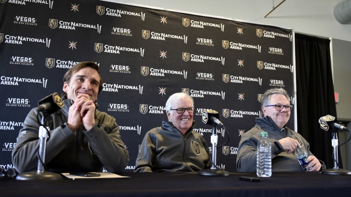 LAS VEGAS, NEVADA – MAY 02: (L-R) Vegas Golden Knights President of Hockey Operations George McPhee, Vegas Golden Knights owner Bill Foley and Vegas Golden Knights General Manager Kelly McCrimmon attend a news conference announcing McCrimmon’s promotion to general manager at City National Arena on May 02, 2019 in Las Vegas, Nevada. (Photo by David Becker/NHLI via Getty Images)