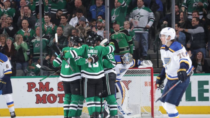 DALLAS, TX - FEBRUARY 21: Blake Comeau #15, Radek Faksa #12 and the Dallas Stars celebrate a goal against the St. Louis Blues at the American Airlines Center on February 21, 2019 in Dallas, Texas. (Photo by Glenn James/NHLI via Getty Images)