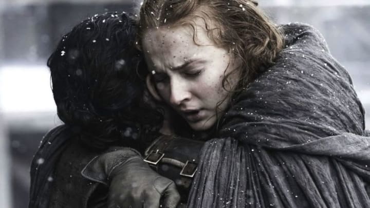 Kit Harington as Jon Snow and Sophie Turner as Sansa Stark in Season 6, Episode 4. Helen Sloan/HBO