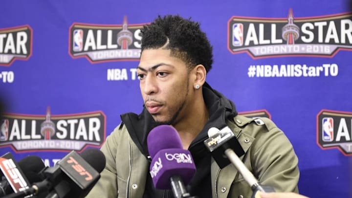 Feb 12, 2016; Toronto, Ontario, Canada; Western Conference center Anthony Davis of the New Orleans Pelicans (23) during media day for the 2016 NBA All Star Game at Sheraton Centre. Mandatory Credit: Peter Llewellyn-USA TODAY Sports