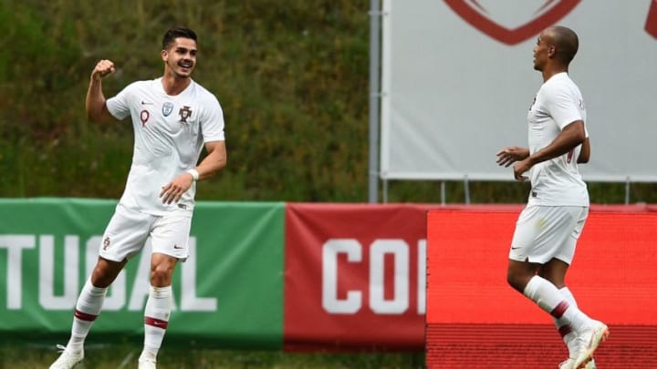 BRAGA, PORTUGAL - MAY 28: Andre Silva of Portugal celebrates after scoring the first goal during the international friendly football match against Portugal and Tunisia at the Municipal stadium de Braga on May 28, 2018 in Braga, Portugal. (Photo by Octavio Passos/Getty Images)