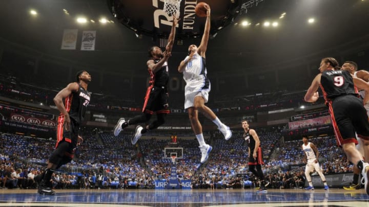 ORLANDO, FL - OCTOBER 18: Evan Fournier #10 of the Orlando Magic shoots the ball during the game against the Miami Heat on October 18, 2017 at Amway Center in Orlando, Florida. NOTE TO USER: User expressly acknowledges and agrees that, by downloading and or using this photograph, User is consenting to the terms and conditions of the Getty Images License Agreement. Mandatory Copyright Notice: Copyright 2017 NBAE (Photo by Fernando Medina/NBAE via Getty Images)