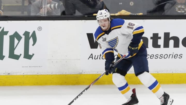 BOSTON, MA - MAY 27: St. Louis Blues winger Robert Thomas (18) looks to move the puck during Game 1 of the 2019 Stanley Cup Finals between the Boston Bruins and the St. Louis Blues on May 27, 2019, at TD Garden in Boston, Massachusetts. (Photo by Fred Kfoury III/Icon Sportswire via Getty Images)