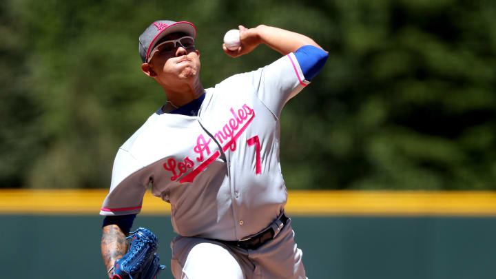 DENVER, CO – MAY 14: Starting pitcher Julio Urias (Photo by Matthew Stockman/Getty Images)