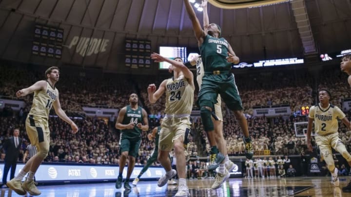 WEST LAFAYETTE, IN - JANUARY 27: Cassius Winston #5 of the Michigan State Spartans shoots the ball over Grady Eifert #24 of the Purdue Boilermakers at Mackey Arena on January 27, 2019 in West Lafayette, Indiana. (Photo by Michael Hickey/Getty Images)